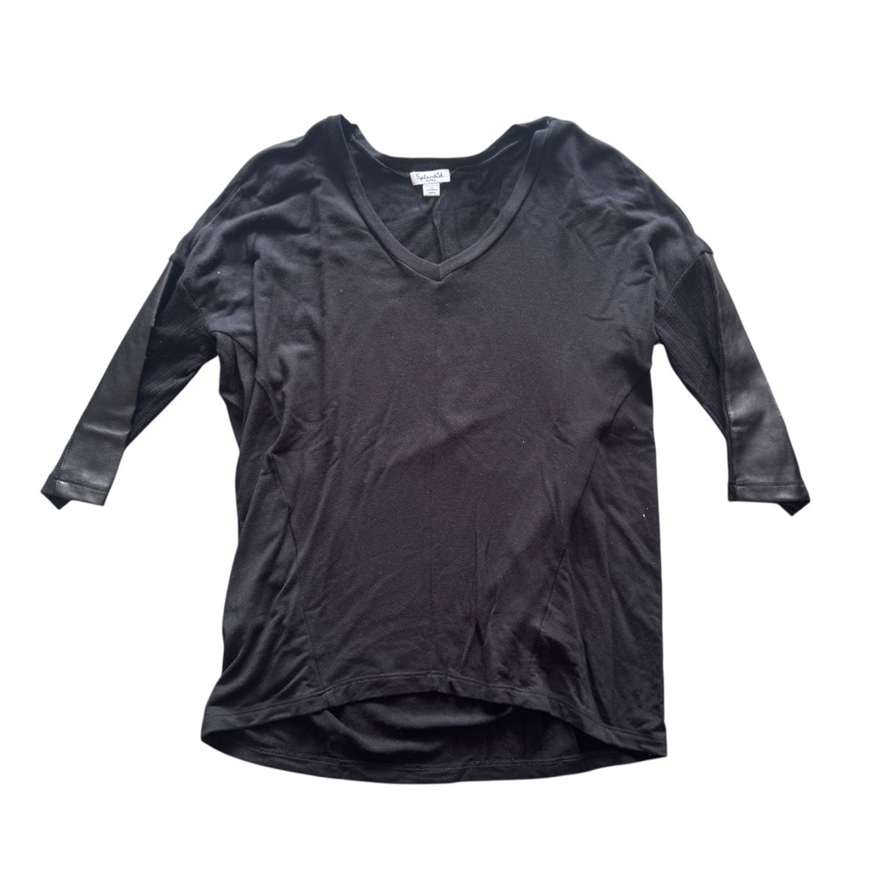 Splendid Black Long Sleeve V-Neck Top, Faux Leather Sleeve Detail, Size Small